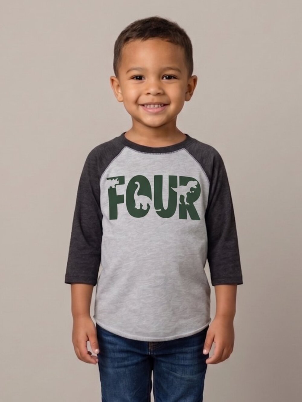 NWOT Rabbit Skins Boys Gray Black Dinosaur Four 4th Birthday Raglan Shirt Size 5